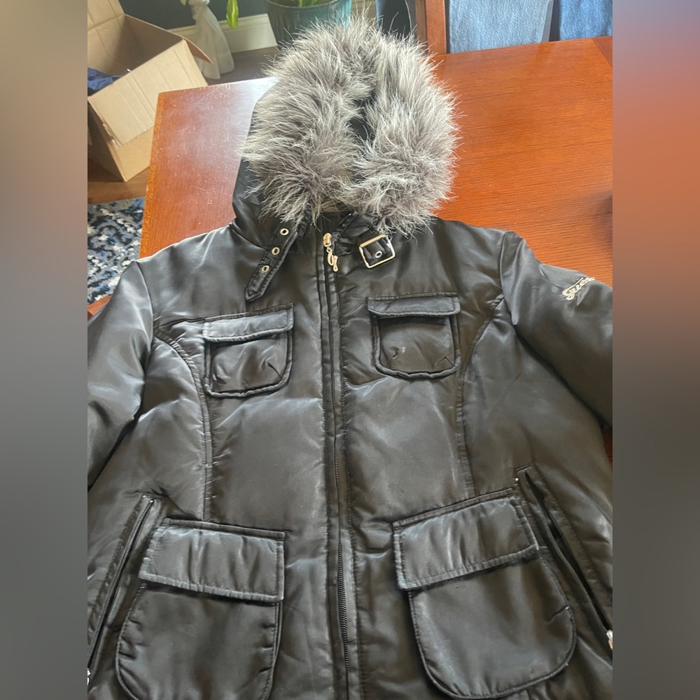Vintage 80’s Guess Black Puffer Jacket with Faux Fur Trim